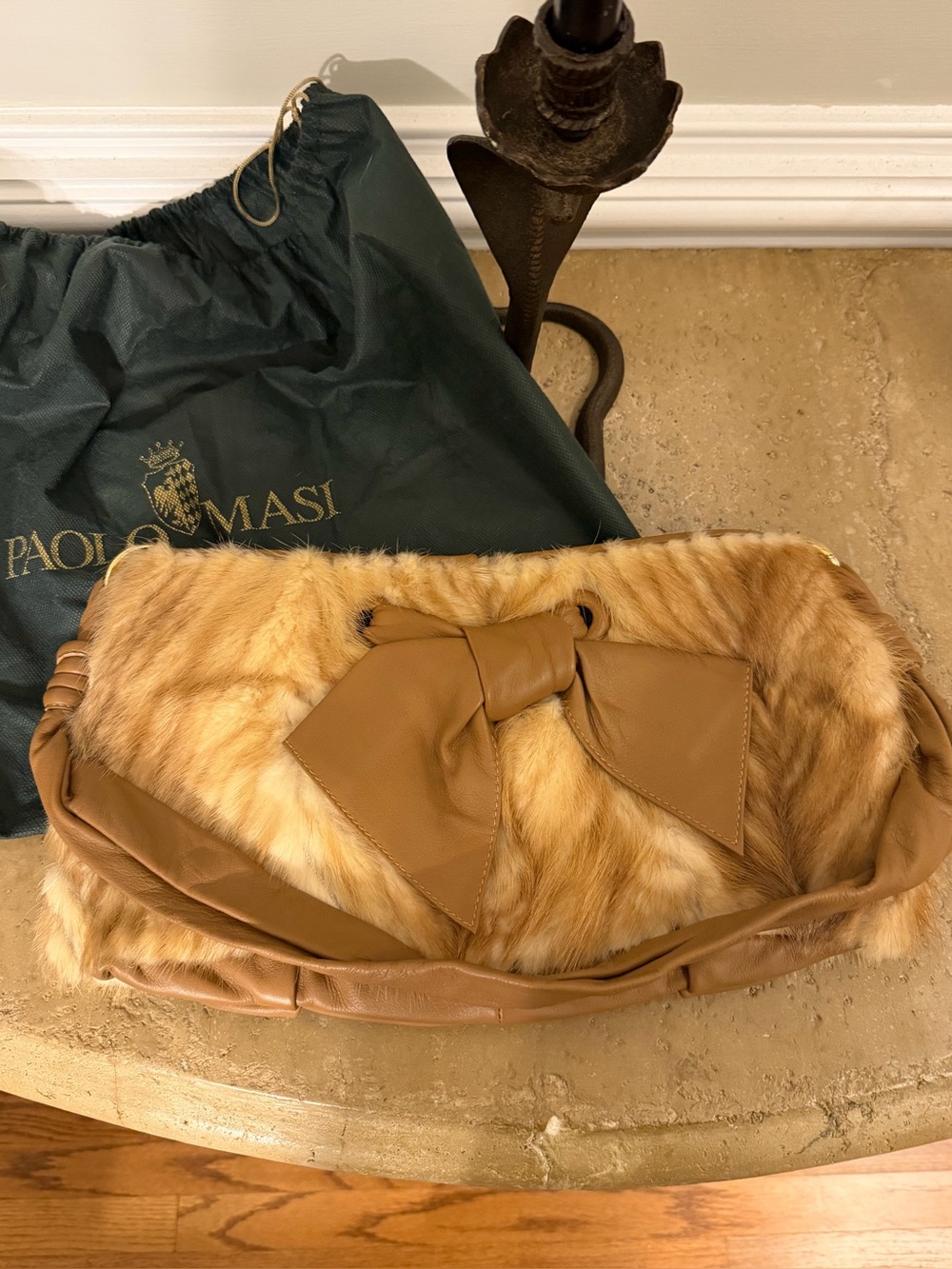 Vintage Paolo Masi Camel Color Mink Fur Clutch with Leather Accents and Bow